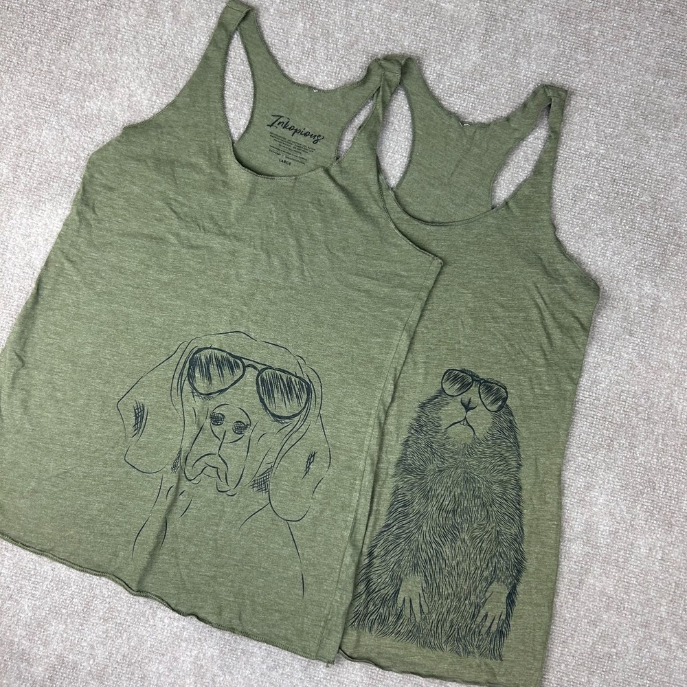 Inkopious Tank Top Womens Large Green Dog Groundhog Wearing Sunglasses Lot of 2